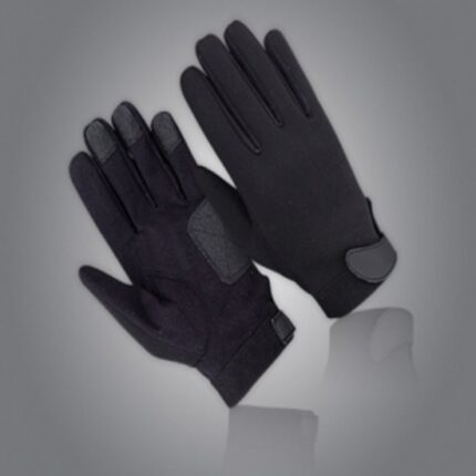 Professional black mechanic gloves with reinforced knuckles and anti-slip palm, bulk export from Sialkot Pakistan manufacturer.